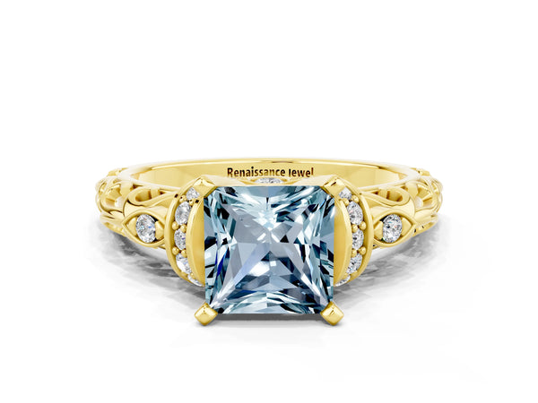 Yellow gold Princess Cut Aquamarine Solitaire Ring with Filigree Band and Four-Prong Setting