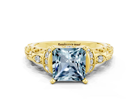 Yellow gold Princess Cut Aquamarine Solitaire Ring with Filigree Band and Four-Prong Setting_34