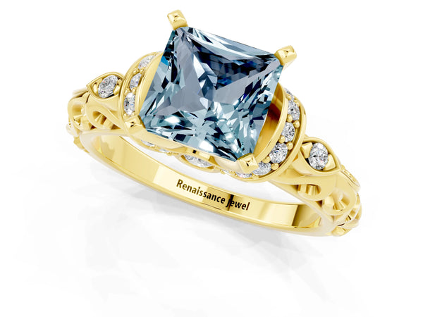 Yellow gold Princess Cut Aquamarine Solitaire Ring with Filigree Band and Four-Prong Setting