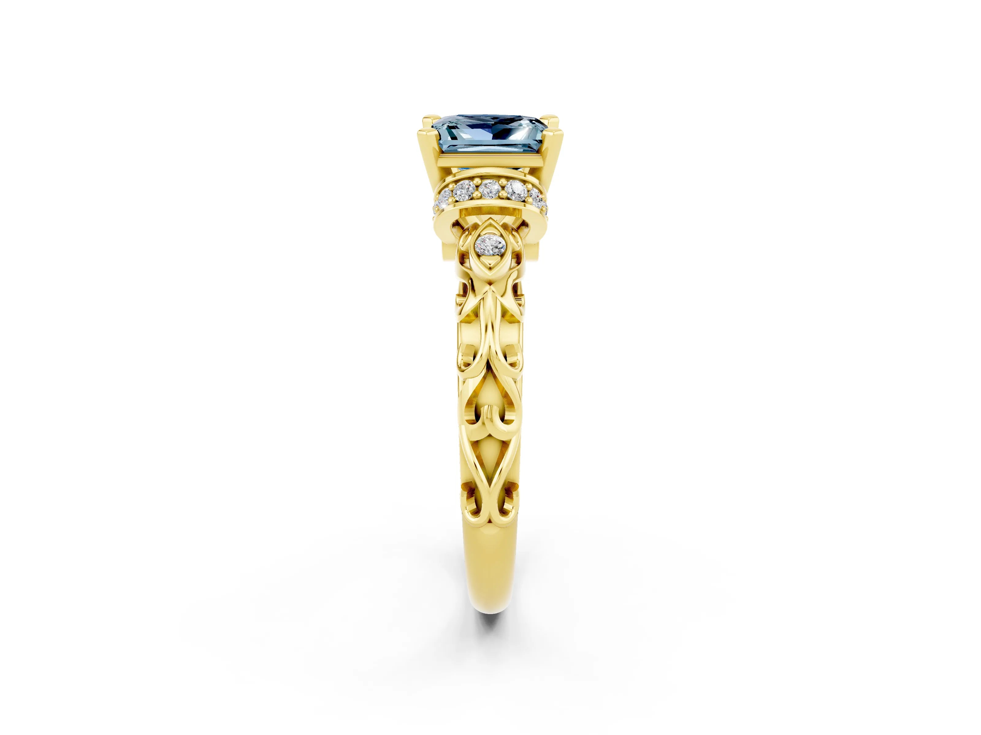Yellow gold Princess Cut Aquamarine Solitaire Ring with Filigree Band and Four-Prong Setting_36