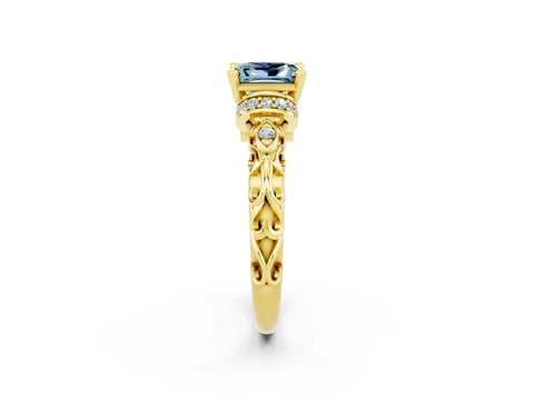 Yellow gold Princess Cut Aquamarine Solitaire Ring with Filigree Band and Four-Prong Setting_36