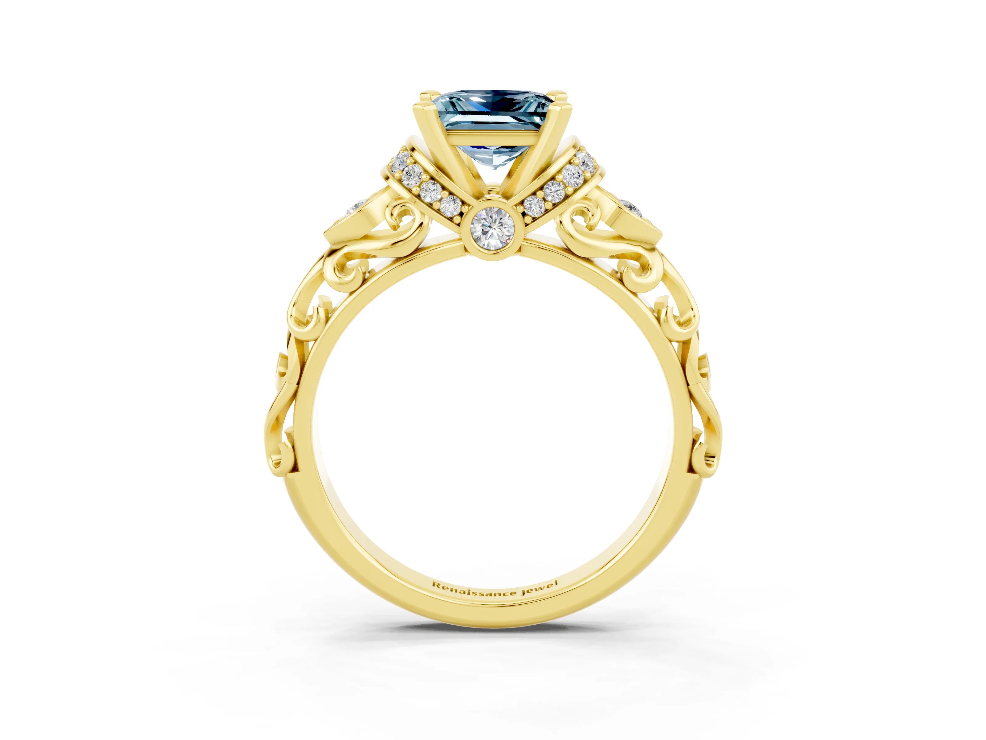 Yellow gold Princess Cut Aquamarine Solitaire Ring with Filigree Band and Four-Prong Setting_37