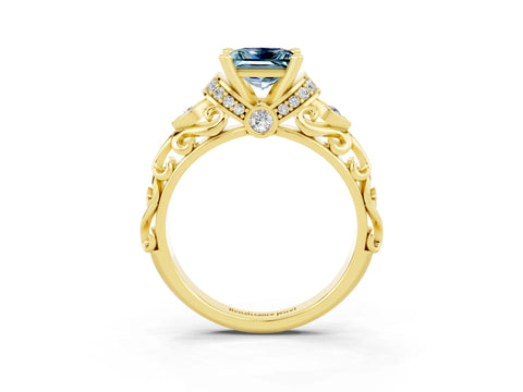 Yellow gold Princess Cut Aquamarine Solitaire Ring with Filigree Band and Four-Prong Setting_37