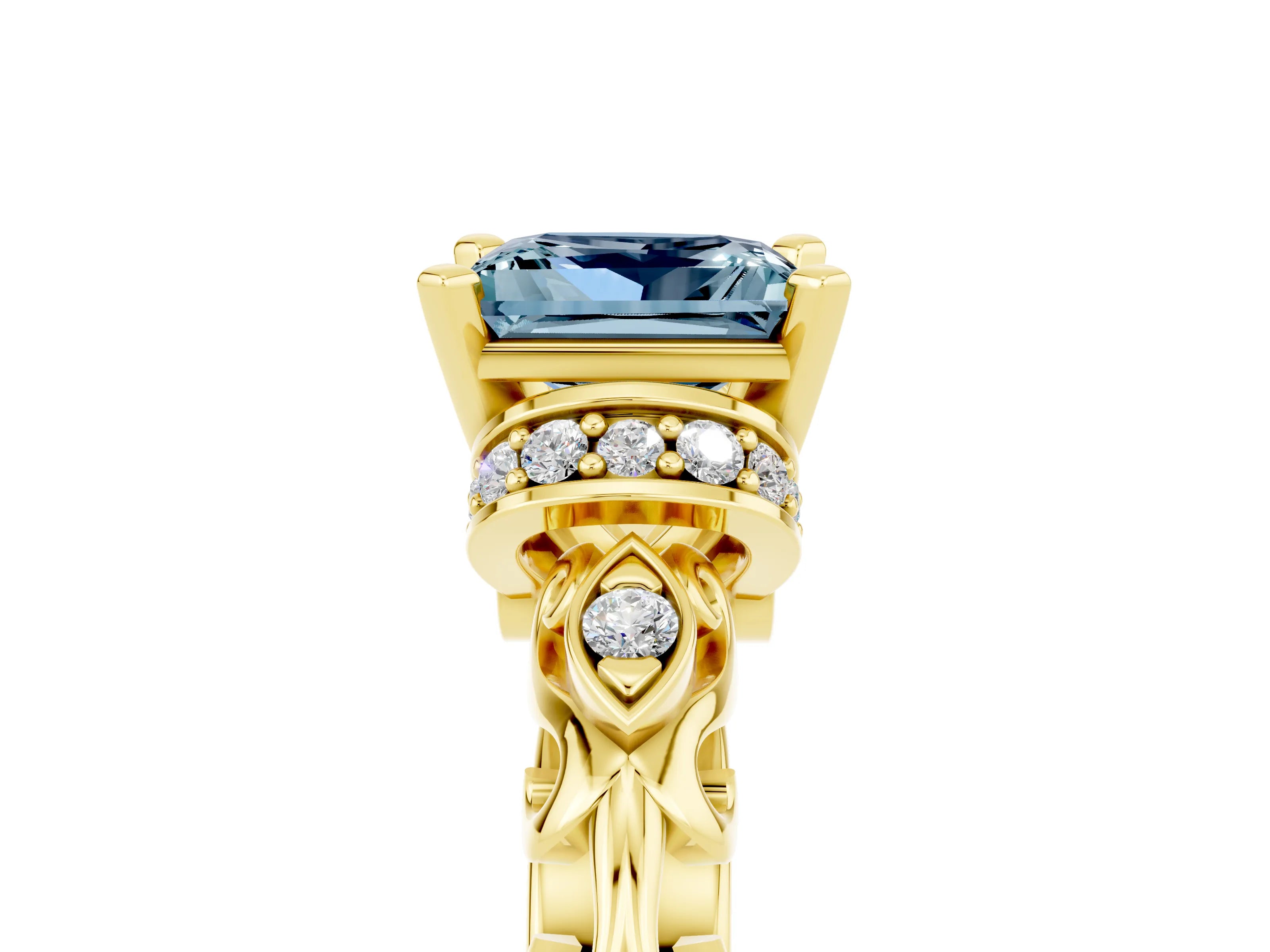 Yellow gold Princess Cut Aquamarine Solitaire Ring with Filigree Band and Four-Prong Setting_39