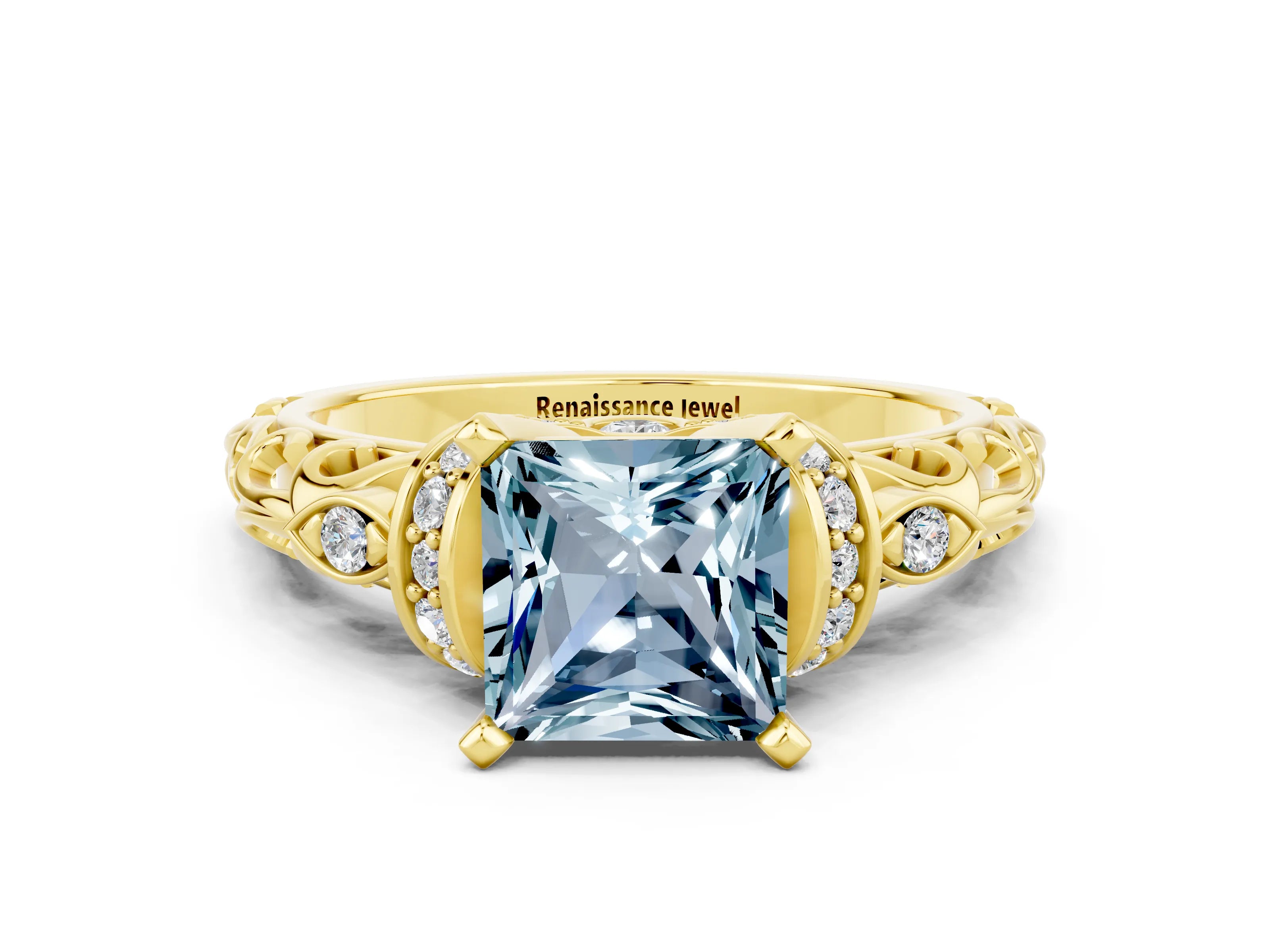 Yellow gold Princess Cut Aquamarine Solitaire Ring with Filigree Band and Four-Prong Setting_46