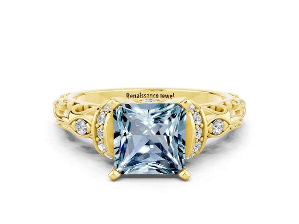 Yellow gold Princess Cut Aquamarine Solitaire Ring with Filigree Band and Four-Prong Setting