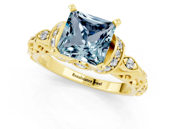 Yellow gold Princess Cut Aquamarine Solitaire Ring with Filigree Band and Four-Prong Setting