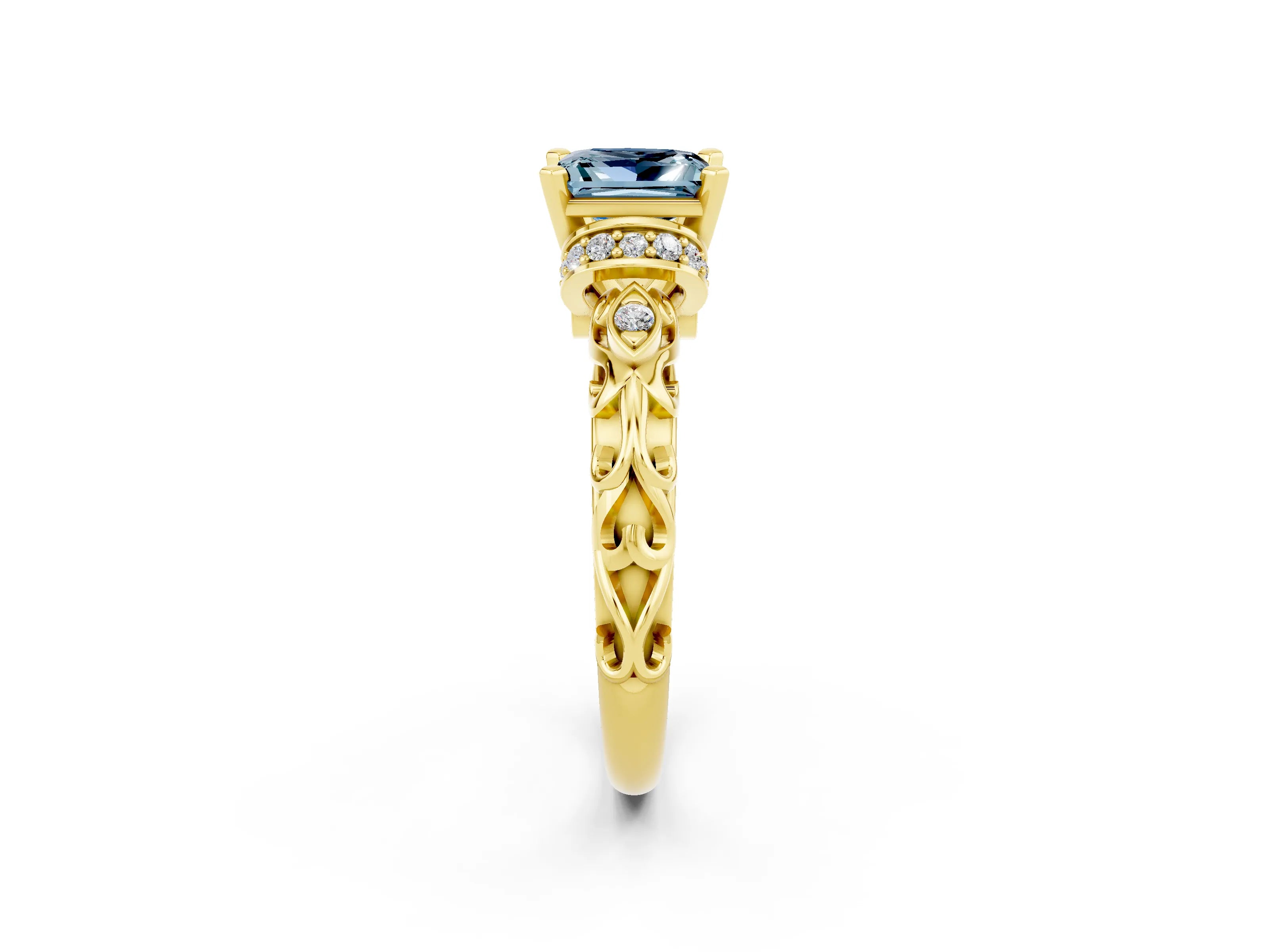 Yellow gold Princess Cut Aquamarine Solitaire Ring with Filigree Band and Four-Prong Setting_48