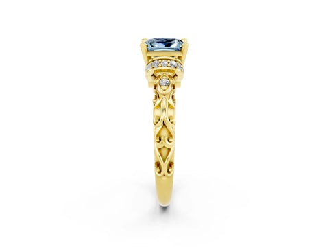 Yellow gold Princess Cut Aquamarine Solitaire Ring with Filigree Band and Four-Prong Setting_48