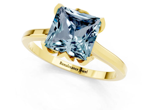 Yellow gold Princess Cut Aquamarine Solitaire Ring with Flower Prong Setting and Classic Band_37