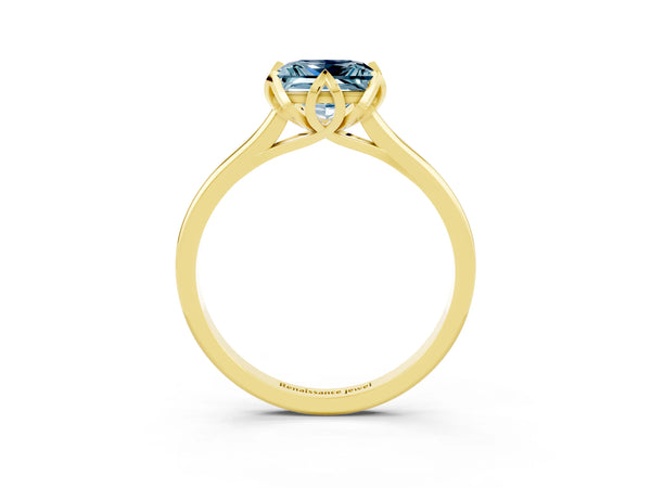 Yellow gold Princess Cut Aquamarine Solitaire Ring with Flower Prong Setting and Classic Band
