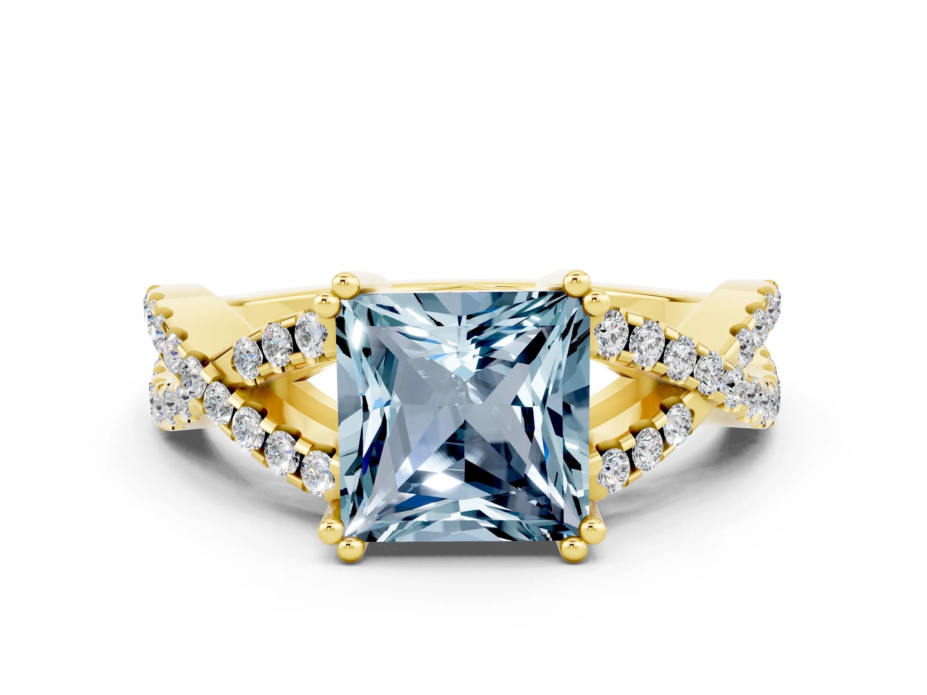 Yellow gold Princess Cut Aquamarine Solitaire Ring with Four-Prong Setting and Twisted Pavé Band