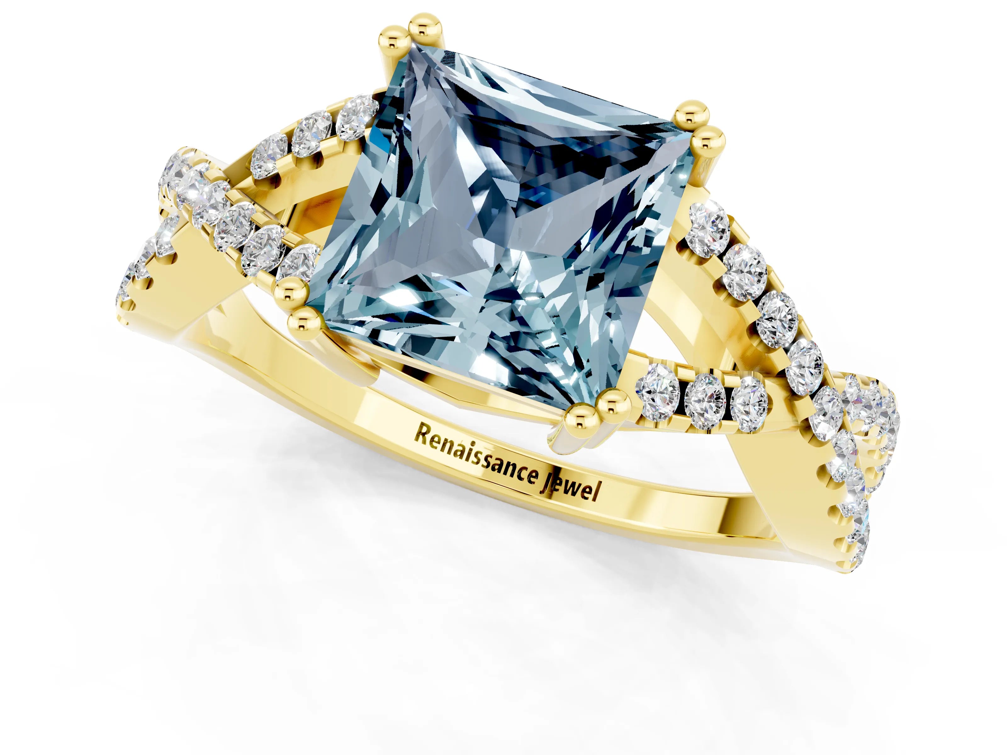 Yellow gold Princess Cut Aquamarine Solitaire Ring with Four-Prong Setting and Twisted Pavé Band_1
