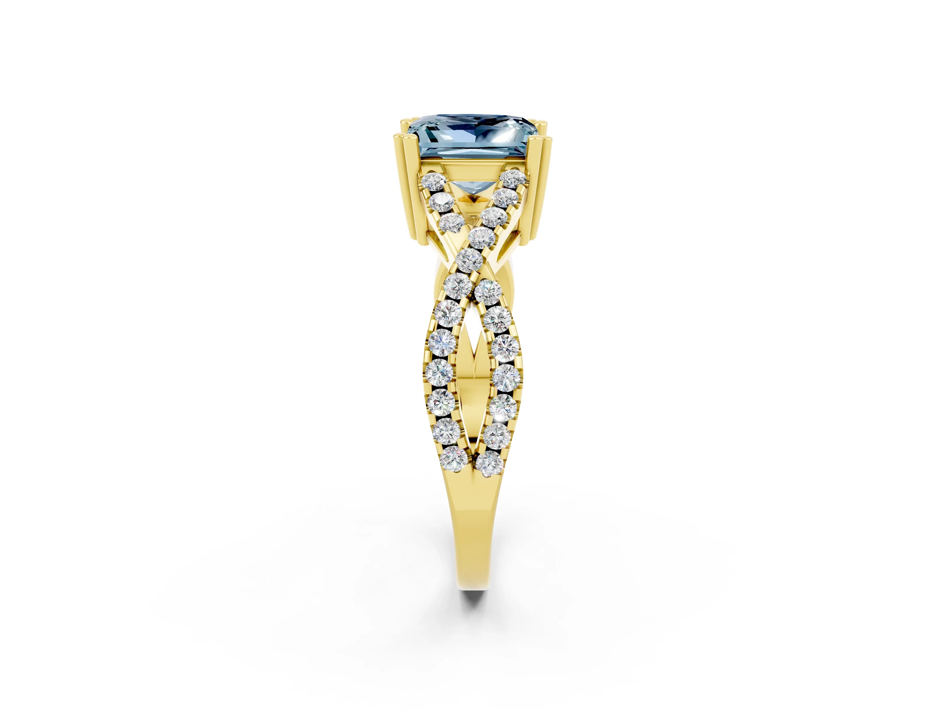 Yellow gold Princess Cut Aquamarine Solitaire Ring with Four-Prong Setting and Twisted Pavé Band_2