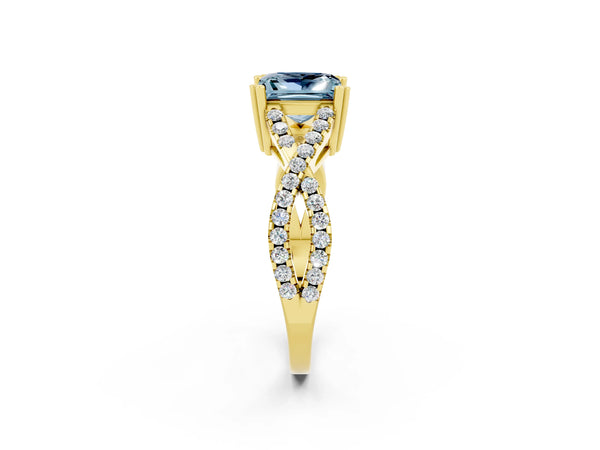 Yellow gold Princess Cut Aquamarine Solitaire Ring with Four-Prong Setting and Twisted Pavé Band