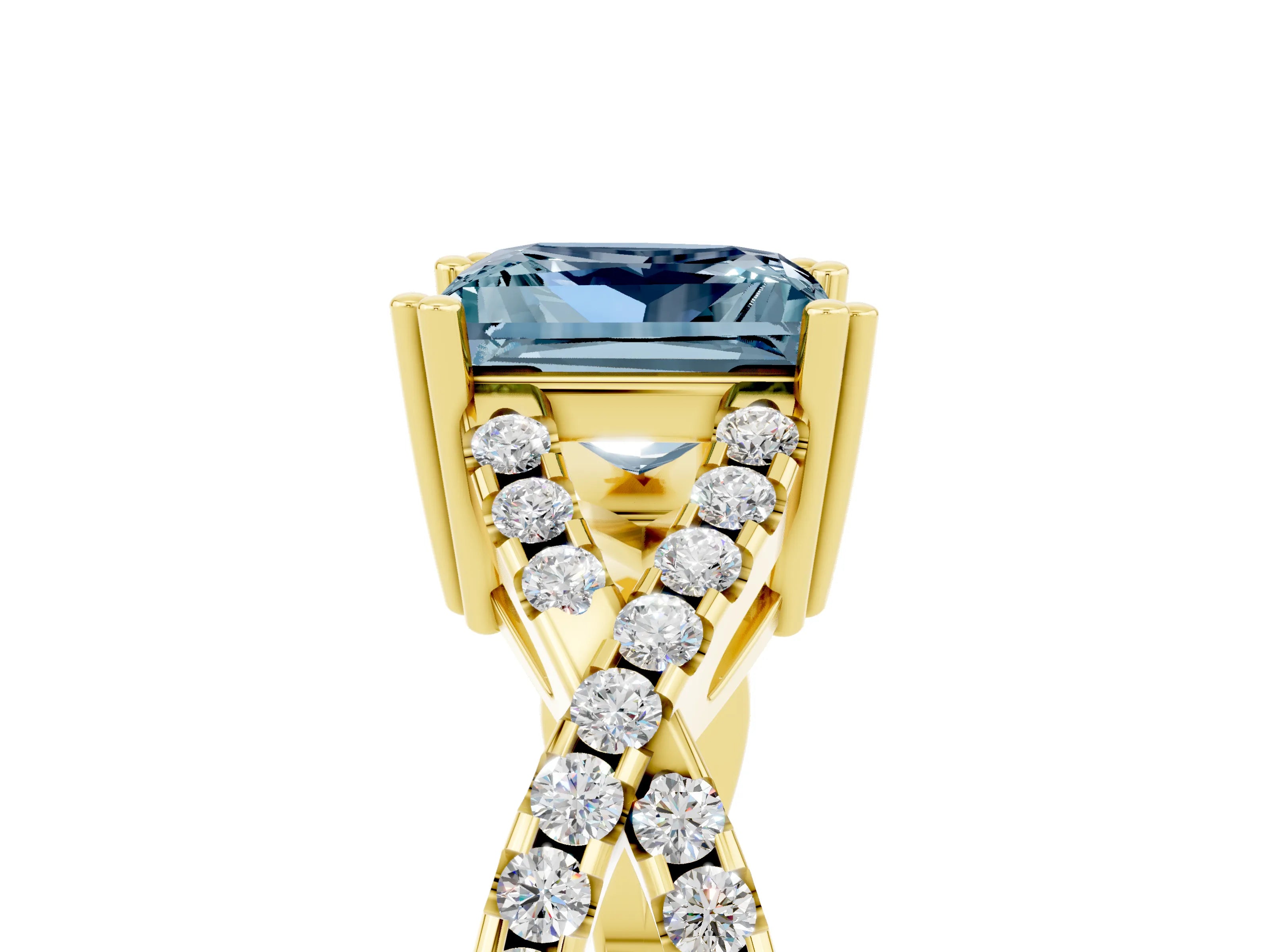 Yellow gold Princess Cut Aquamarine Solitaire Ring with Four-Prong Setting and Twisted Pavé Band_5
