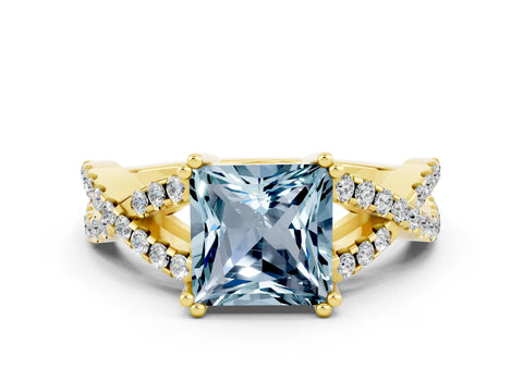 Yellow gold Princess Cut Aquamarine Solitaire Ring with Four-Prong Setting and Twisted Pavé Band