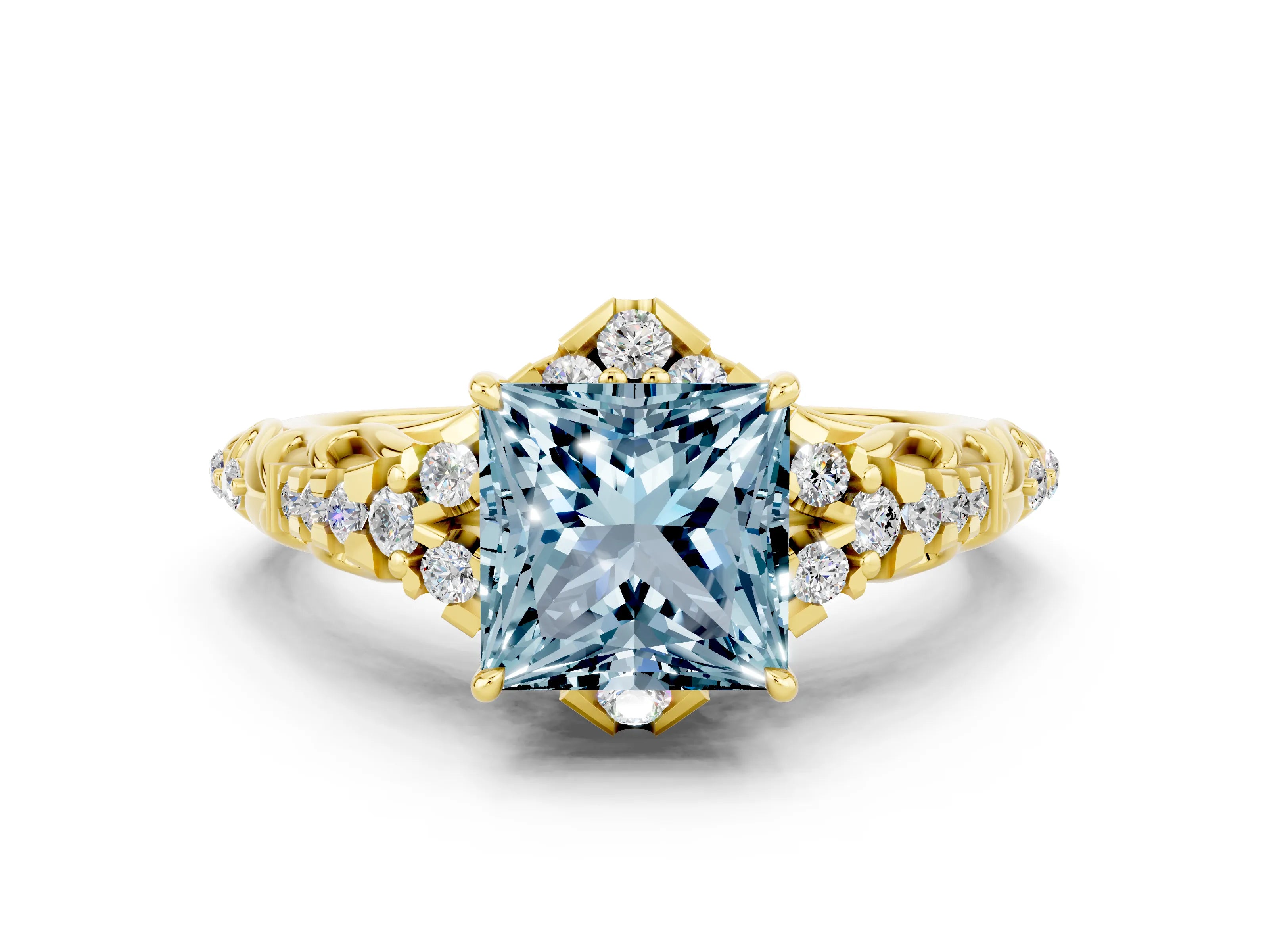 Yellow gold Princess Cut Aquamarine Solitaire Ring with Hidden Halo and Pavé Band_12