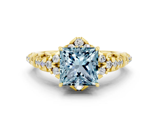 Yellow gold Princess Cut Aquamarine Solitaire Ring with Hidden Halo and Pavé Band