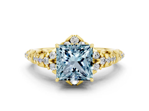 Yellow gold Princess Cut Aquamarine Solitaire Ring with Hidden Halo and Pavé Band_12