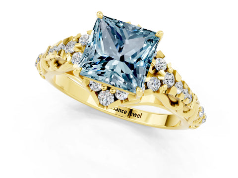 Yellow gold Princess Cut Aquamarine Solitaire Ring with Hidden Halo and Pavé Band_13
