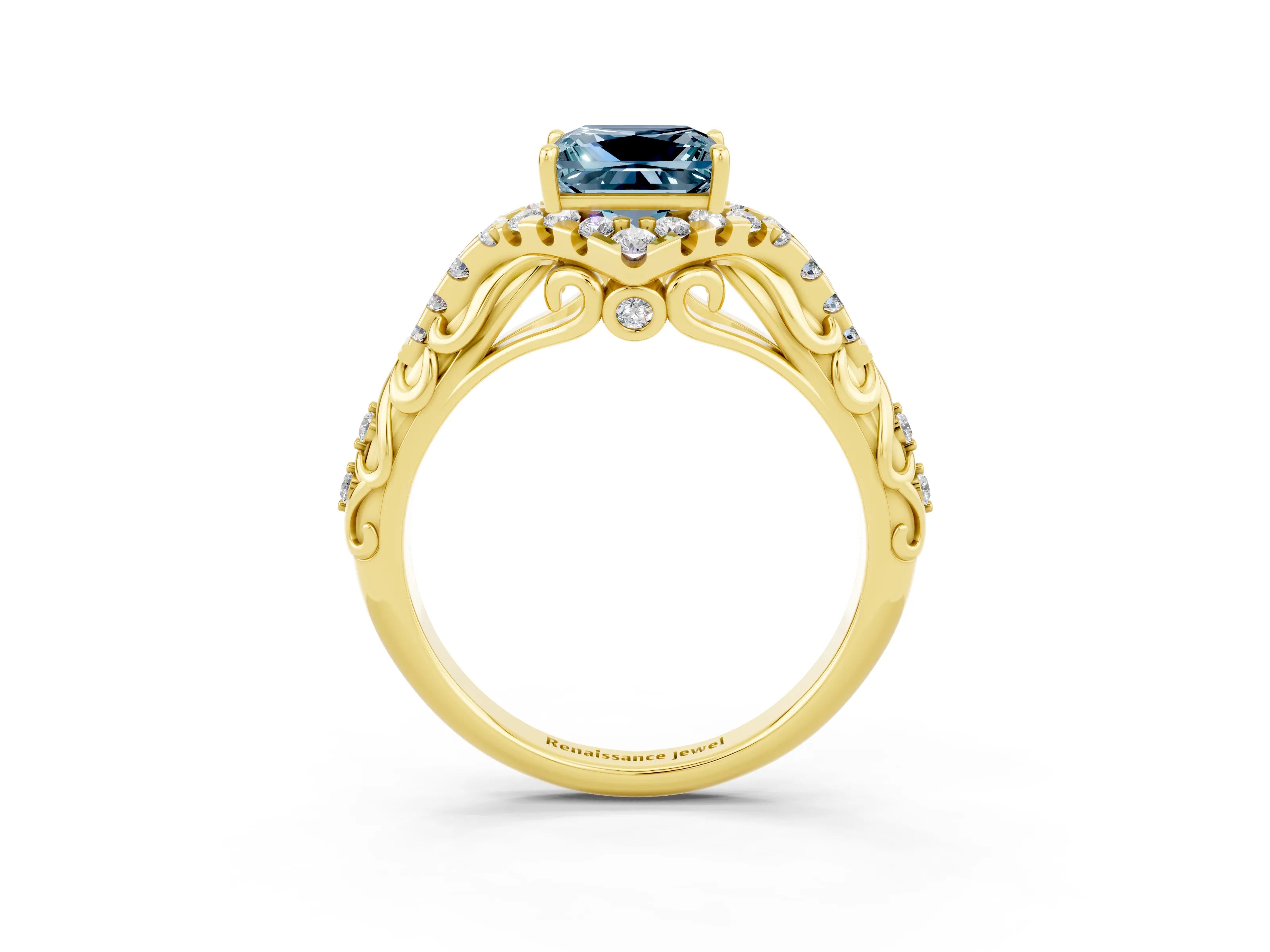 Yellow gold Princess Cut Aquamarine Solitaire Ring with Hidden Halo and Pavé Band_15