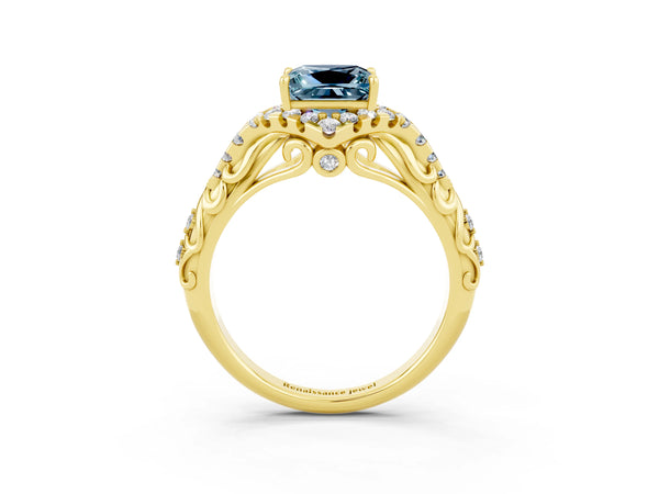 Yellow gold Princess Cut Aquamarine Solitaire Ring with Hidden Halo and Pavé Band