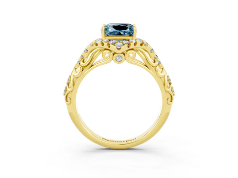 Yellow gold Princess Cut Aquamarine Solitaire Ring with Hidden Halo and Pavé Band_15