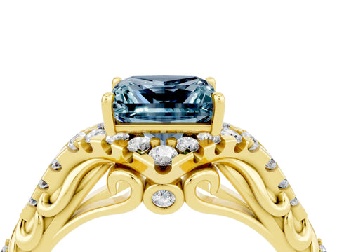 Yellow gold Princess Cut Aquamarine Solitaire Ring with Hidden Halo and Pavé Band_16
