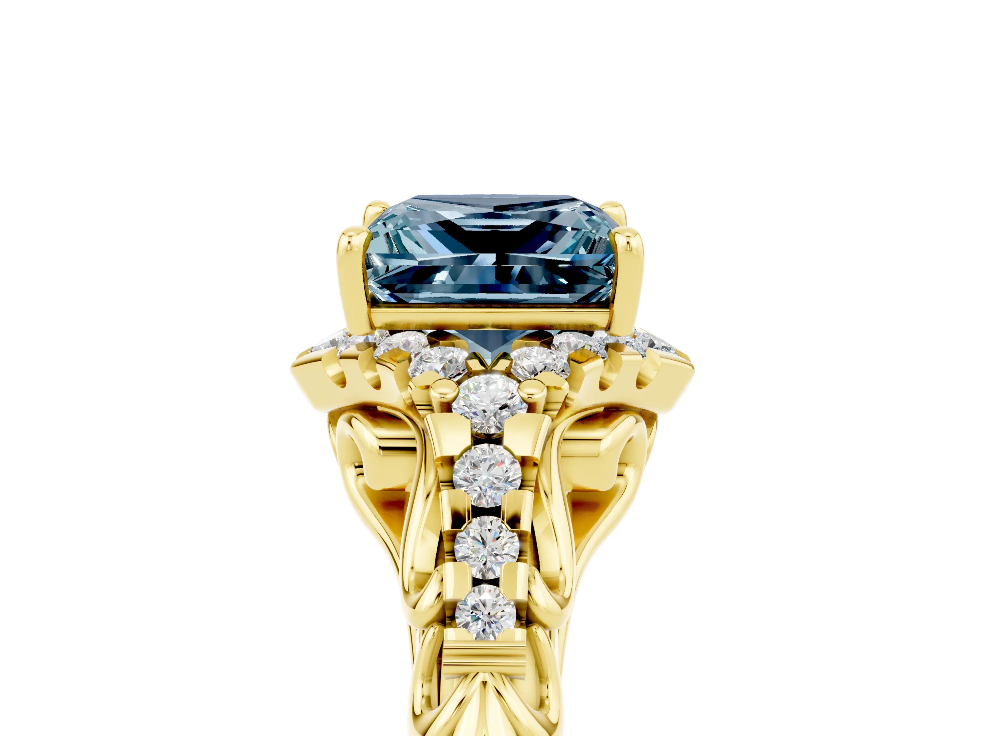 Yellow gold Princess Cut Aquamarine Solitaire Ring with Hidden Halo and Pavé Band_17