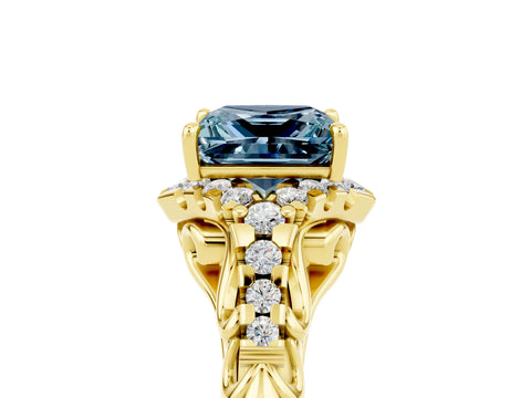 Yellow gold Princess Cut Aquamarine Solitaire Ring with Hidden Halo and Pavé Band_17