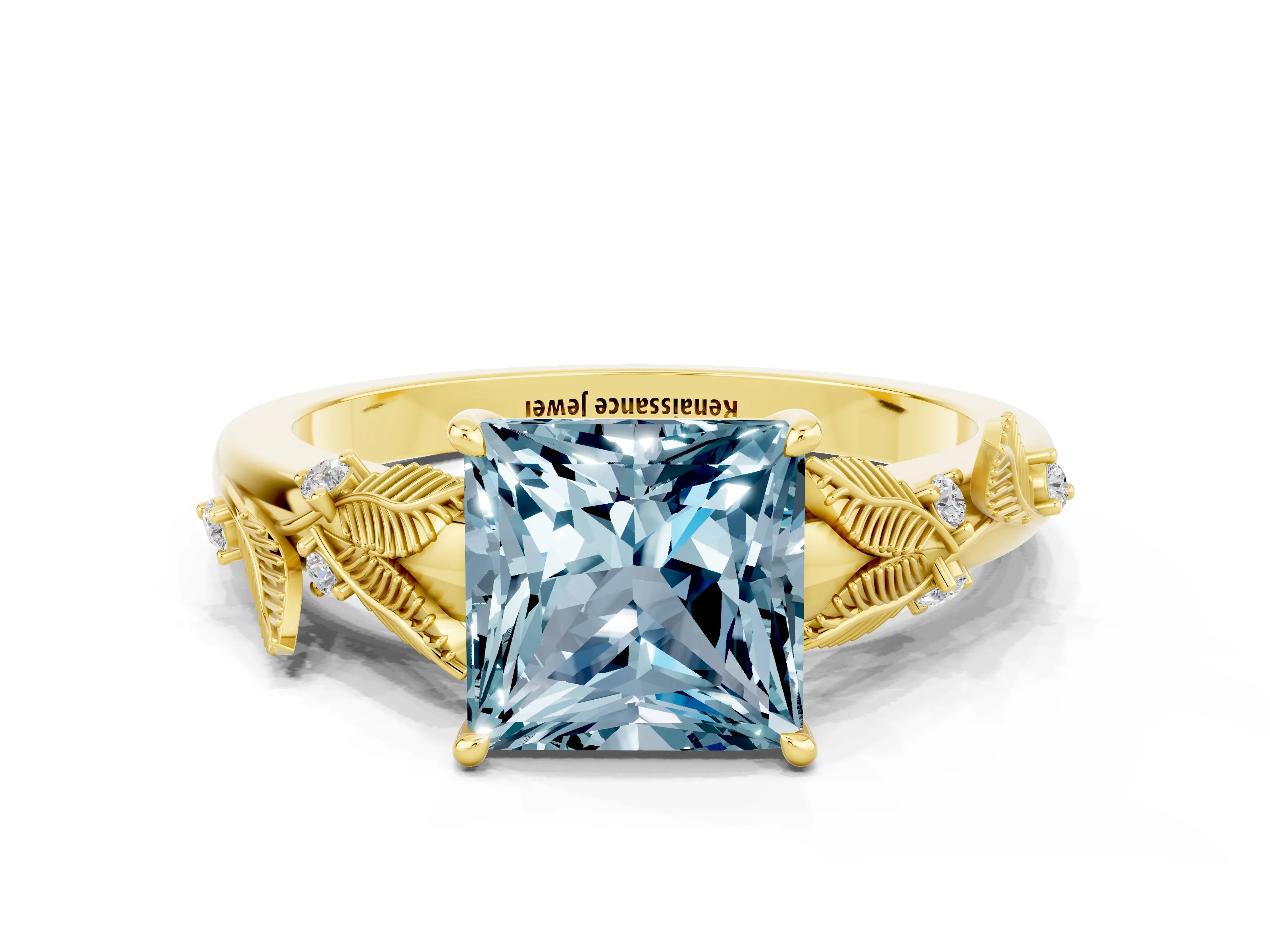 Yellow gold Princess Cut Aquamarine Solitaire Ring with Leaf Motif Band and Four-Prong Setting