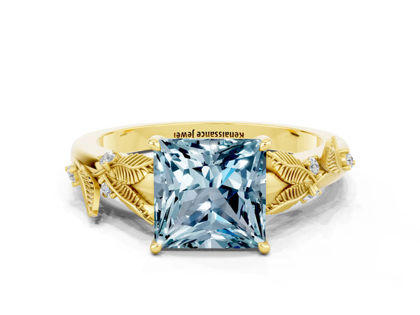Yellow gold Princess Cut Aquamarine Solitaire Ring with Leaf Motif Band and Four-Prong Setting
