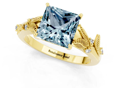 Yellow gold Princess Cut Aquamarine Solitaire Ring with Leaf Motif Band and Four-Prong Setting_1