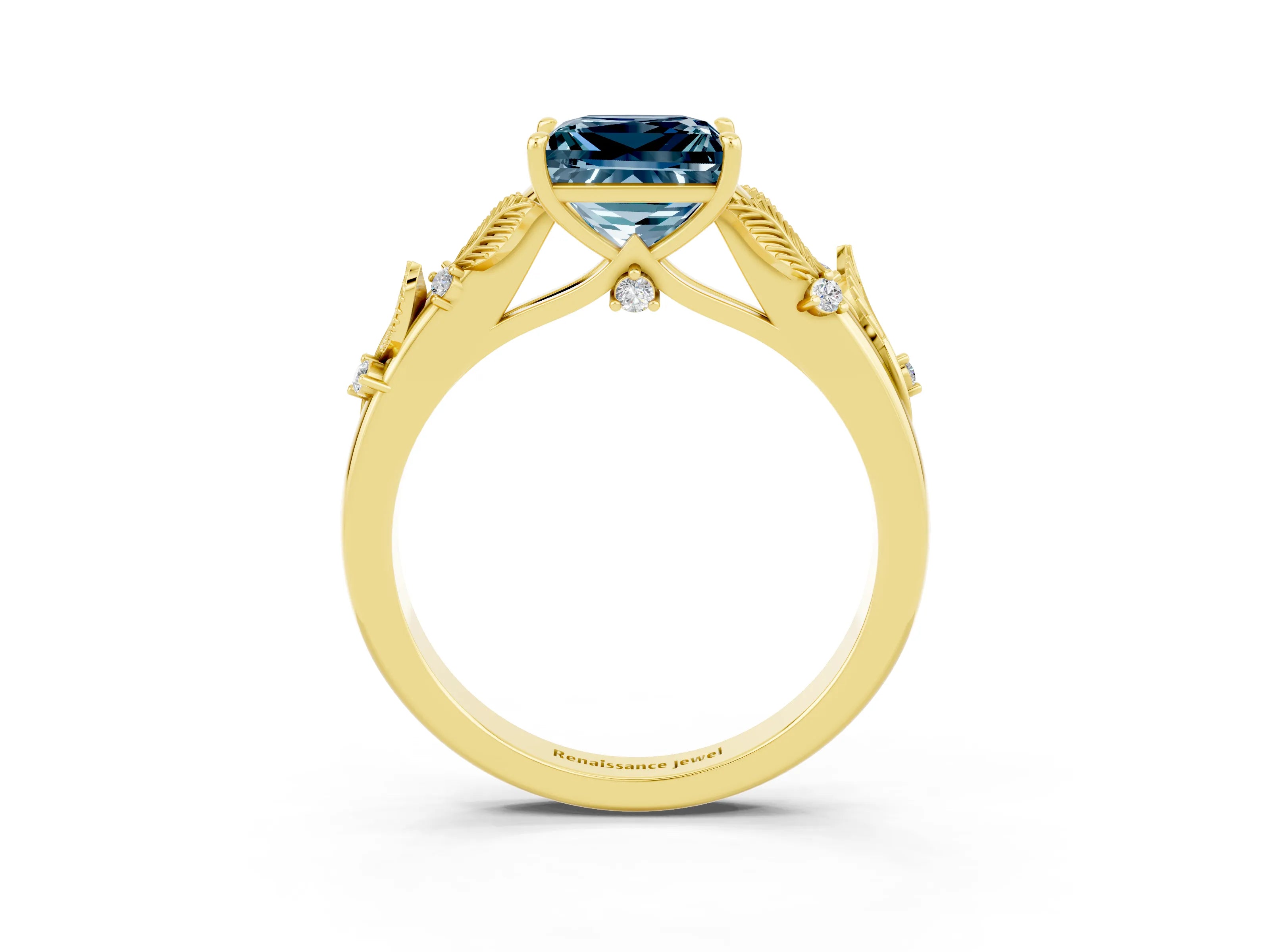 Yellow gold Princess Cut Aquamarine Solitaire Ring with Leaf Motif Band and Four-Prong Setting_3