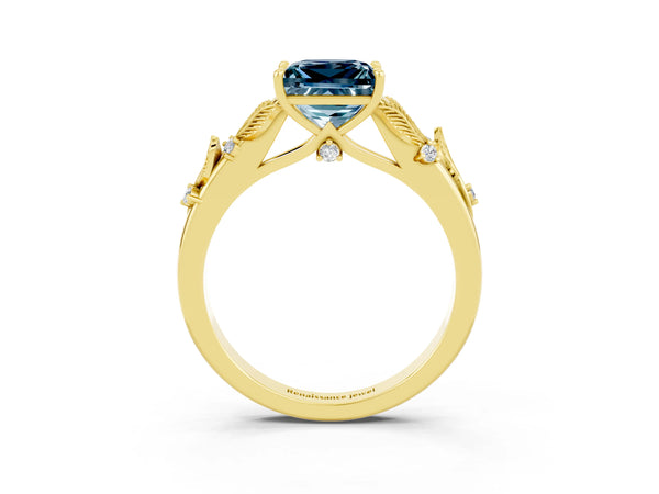 Yellow gold Princess Cut Aquamarine Solitaire Ring with Leaf Motif Band and Four-Prong Setting