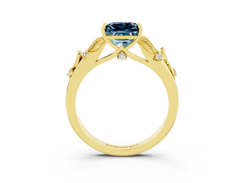 Yellow gold Princess Cut Aquamarine Solitaire Ring with Leaf Motif Band and Four-Prong Setting_3