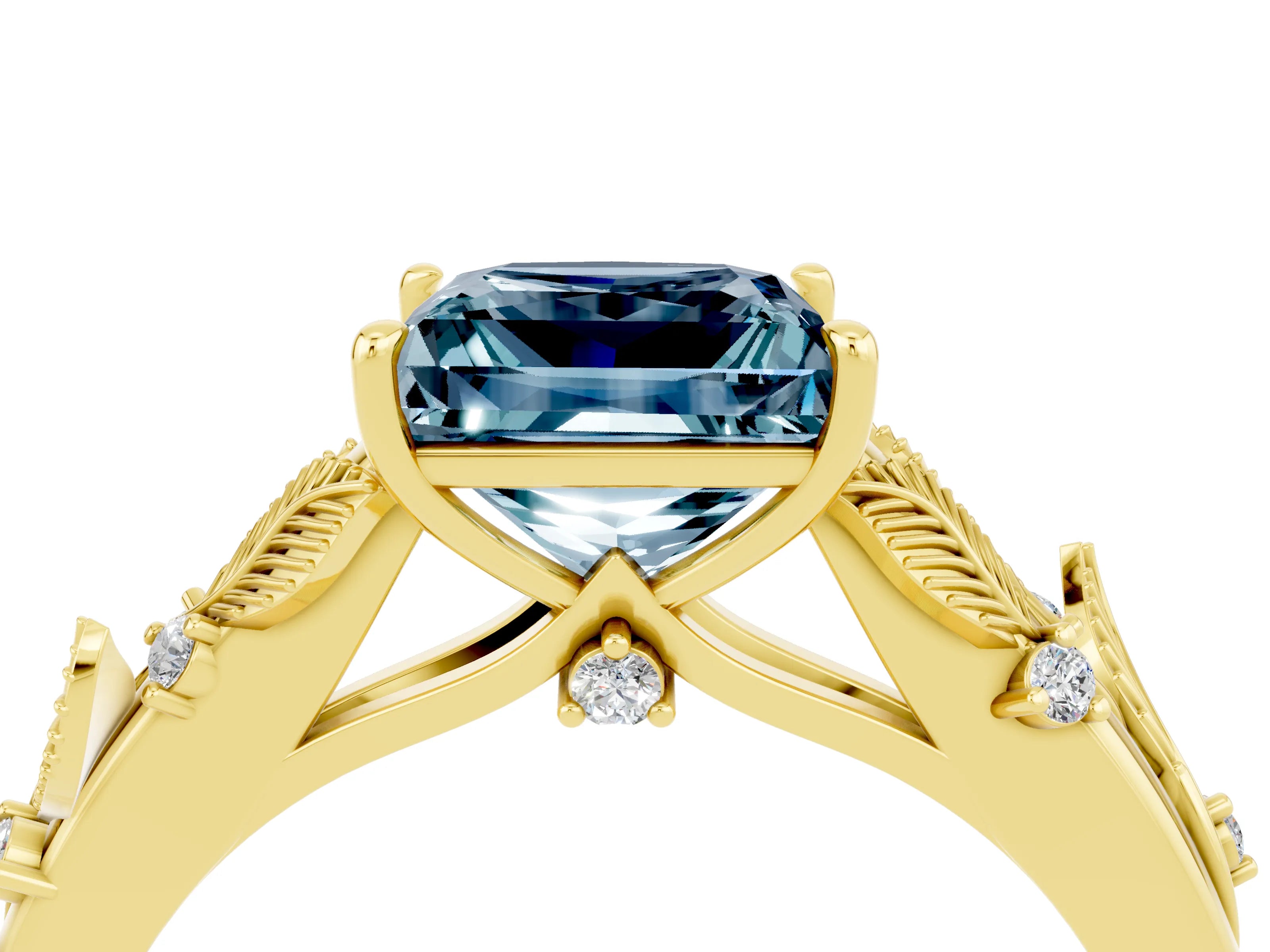 Yellow gold Princess Cut Aquamarine Solitaire Ring with Leaf Motif Band and Four-Prong Setting_4