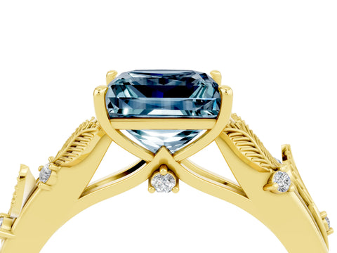 Yellow gold Princess Cut Aquamarine Solitaire Ring with Leaf Motif Band and Four-Prong Setting_4
