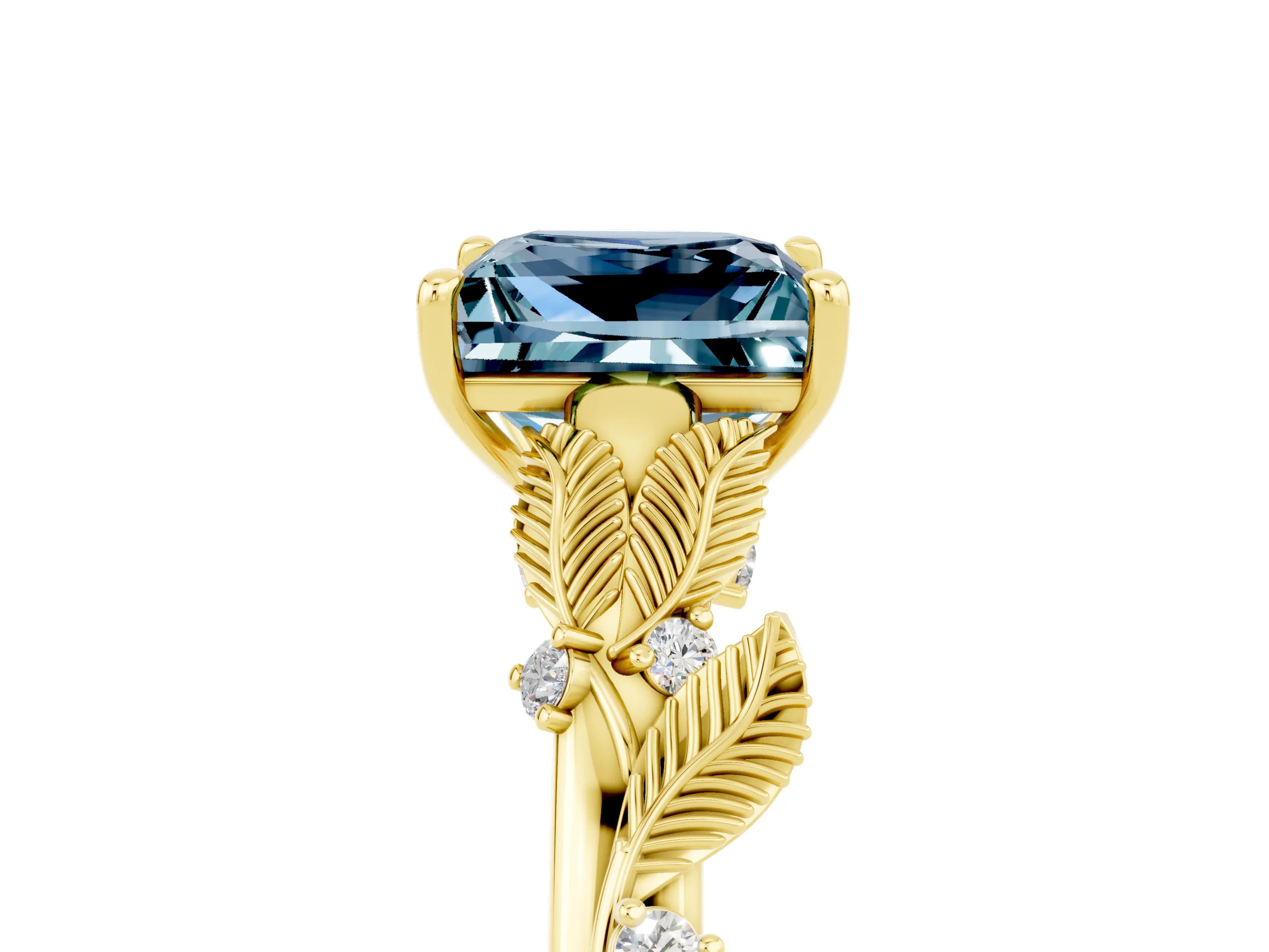 Yellow gold Princess Cut Aquamarine Solitaire Ring with Leaf Motif Band and Four-Prong Setting_5
