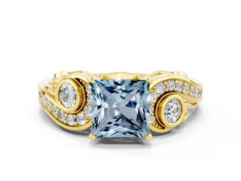 Yellow gold Princess Cut Aquamarine Solitaire Ring with Milgrain Pavé Band and Four-Prong Setting_24