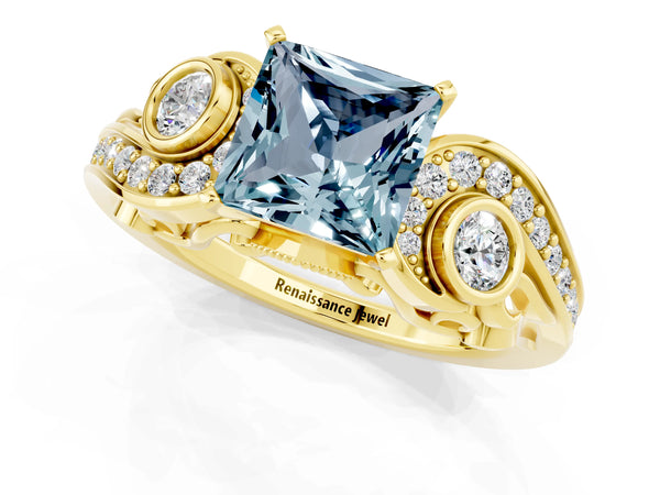 Yellow gold Princess Cut Aquamarine Solitaire Ring with Milgrain Pavé Band and Four-Prong Setting