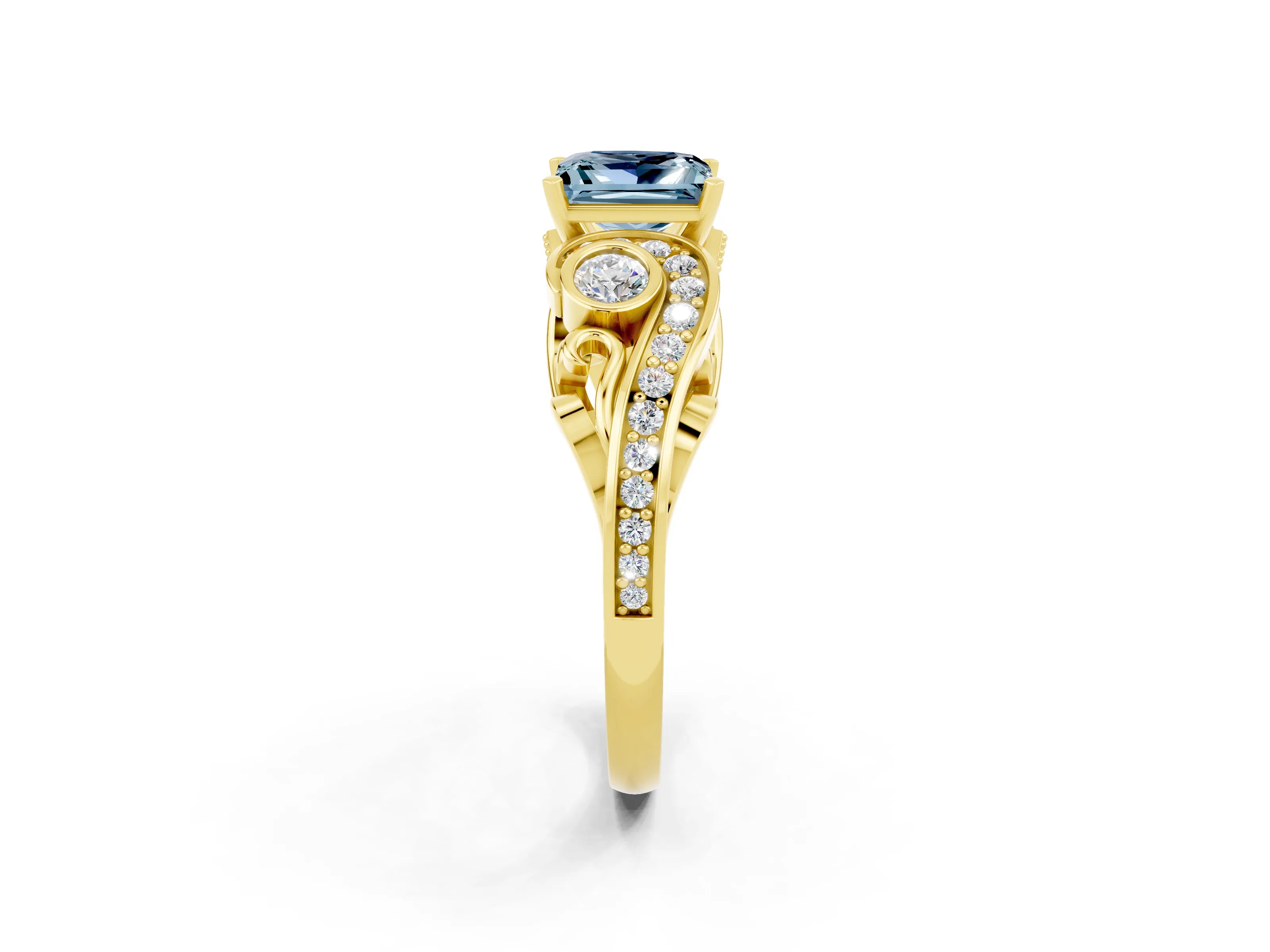 Yellow gold Princess Cut Aquamarine Solitaire Ring with Milgrain Pavé Band and Four-Prong Setting_26