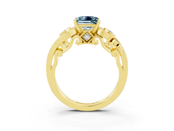 Yellow gold Princess Cut Aquamarine Solitaire Ring with Milgrain Pavé Band and Four-Prong Setting