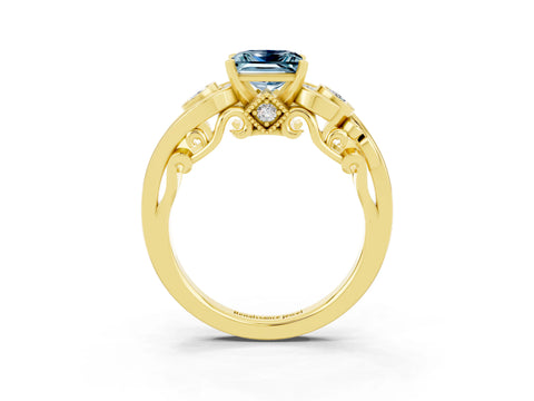 Yellow gold Princess Cut Aquamarine Solitaire Ring with Milgrain Pavé Band and Four-Prong Setting_27