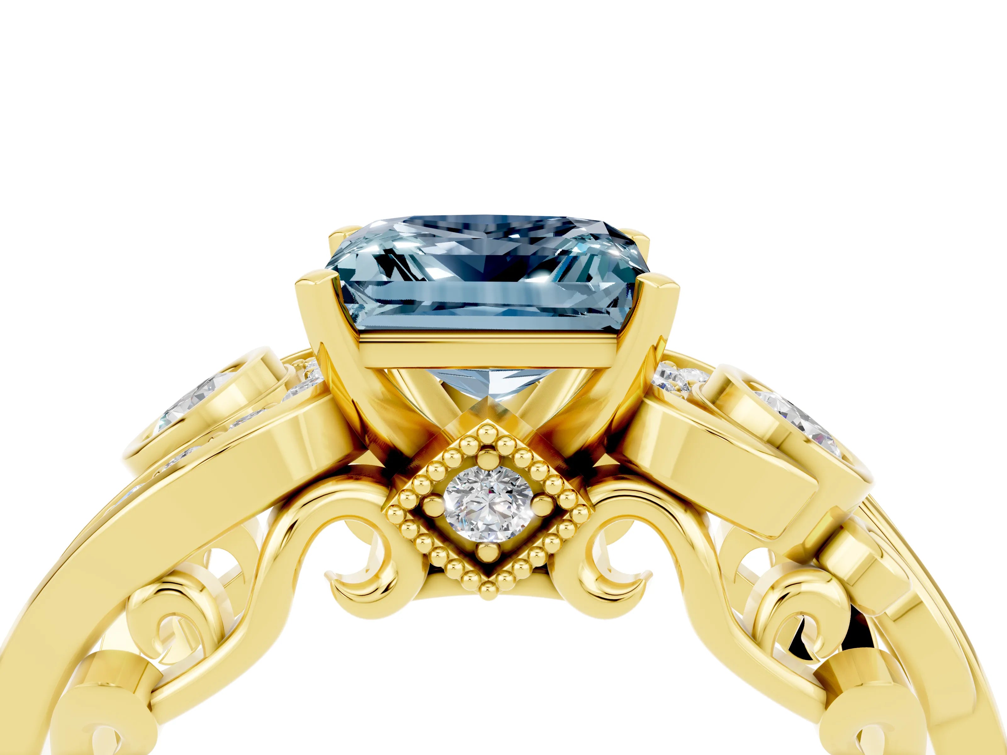 Yellow gold Princess Cut Aquamarine Solitaire Ring with Milgrain Pavé Band and Four-Prong Setting_28