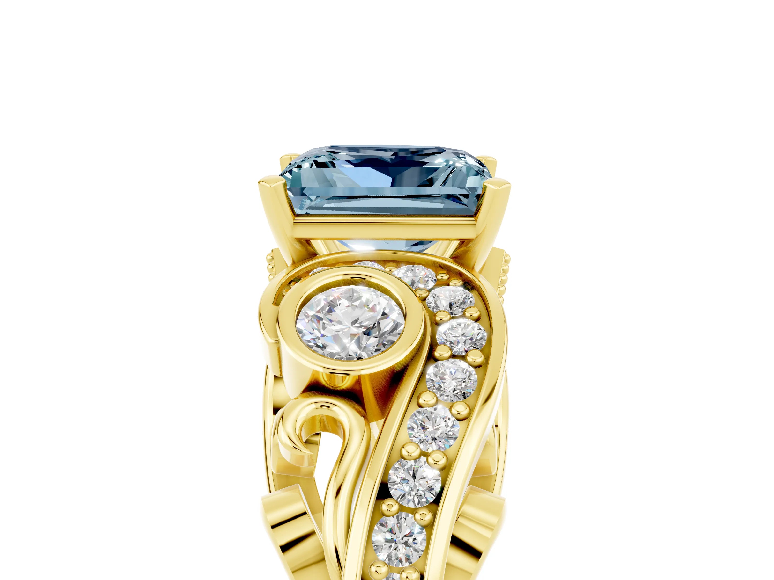 Yellow gold Princess Cut Aquamarine Solitaire Ring with Milgrain Pavé Band and Four-Prong Setting_29