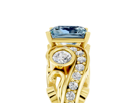 Yellow gold Princess Cut Aquamarine Solitaire Ring with Milgrain Pavé Band and Four-Prong Setting_29
