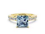 Yellow gold Princess Cut Aquamarine Solitaire Ring with Pavé Accents and Four-Prong Setting