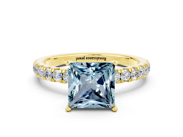 Yellow gold Princess Cut Aquamarine Solitaire Ring with Pavé Accents and Four-Prong Setting